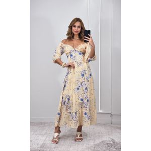 Vestido Chiffon Decote Transpassado e Manga - Amarelo/Azul