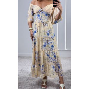 Vestido Chiffon Decote Transpassado e Manga - Amarelo/Azul