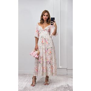 Vestido Chiffon Decote Transpassado e Manga - Bege/Rosa