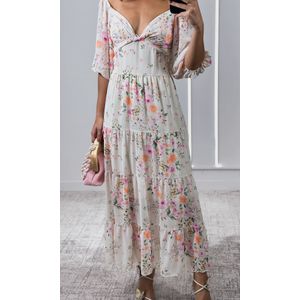 Vestido Chiffon Decote Transpassado e Manga - Bege/Rosa