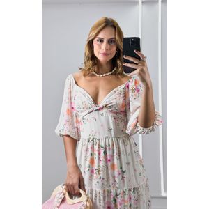 Vestido Chiffon Decote Transpassado e Manga - Bege/Rosa