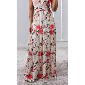 Vestido Longo Chiffon Estampado - Bege/Rosa/Laranja