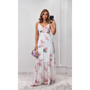 Vestido Longo Chiffon Estampado - Branco/Rosa/Verde