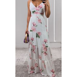 Vestido Longo Chiffon Estampado - Branco/Rosa/Verde