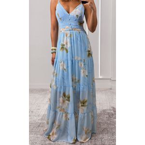 Vestido Longo Chiffon Estampado - Azul/Bege