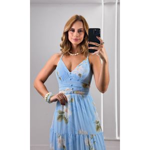 Vestido Longo Chiffon Estampado - Azul/Bege