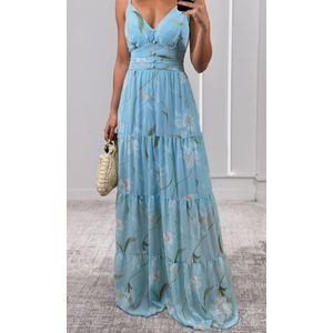 Vestido Longo Chiffon Estampado - Azul Água/Verde