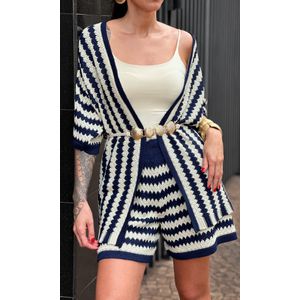 Conjunto Crochê Kimono e Short - Azul Marinho/Cru