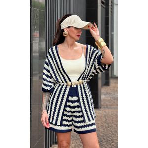 Conjunto Crochê Kimono e Short - Azul Marinho/Cru
