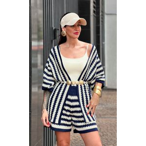 Conjunto Crochê Kimono e Short - Azul Marinho/Cru