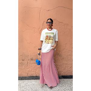 Saia Evase Listra Fina - Branco/Vermelho