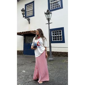 Saia Evase Listra Fina - Branco/Vermelho