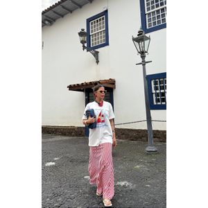 Saia Evase Listra Fina - Branco/Vermelho