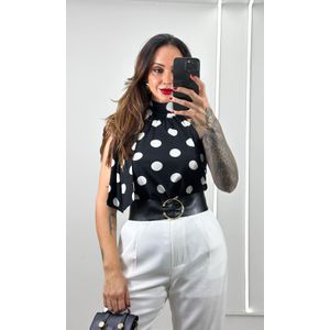 Blusa Gola Alta Amarração Poá - Preto/Branco