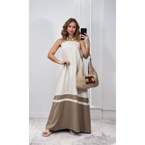 Vestido Bicolor Alça Crochê - Bege/Caqui