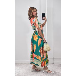 Vestido Decote V Abertura Estampado - Verde