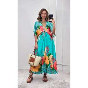 Vestido Decote V Abertura Estampado - Azul Água