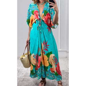 Vestido Decote V Abertura Estampado - Azul Água