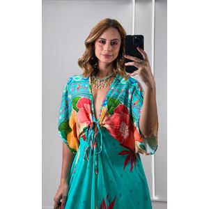 Vestido Decote V Abertura Estampado - Azul Água