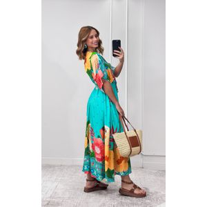 Vestido Decote V Abertura Estampado - Azul Água