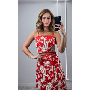 Conjunto Crochê Paisley Cropped e Saia - Vermelho