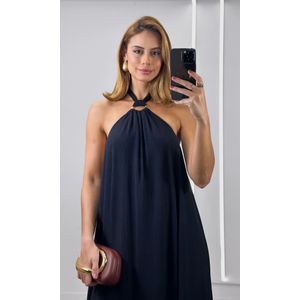 Vestido Maquinetado Amplo com Fivela - Preto