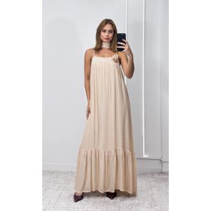 Vestido Longo Reto com Flor e Faixa - Bege