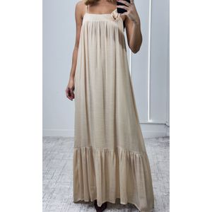 Vestido Longo Reto com Flor e Faixa - Bege