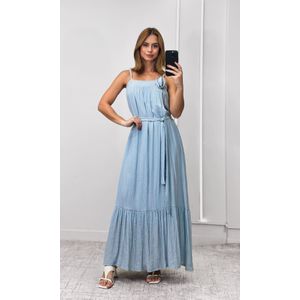 Vestido Longo Reto com Flor e Faixa - Azul