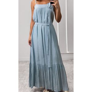 Vestido Longo Reto com Flor e Faixa - Azul
