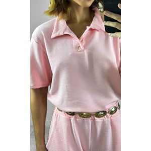 Conjunto Canelado Blusa Polo e Calça - Rosa Candy