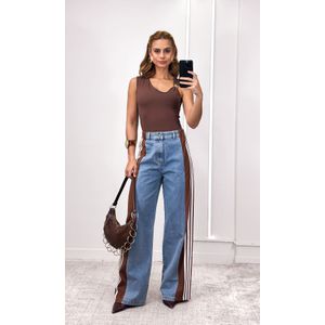 Calça Jeans Wide Leg Track - Azul/Marrom/Branco