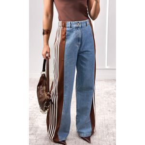 Calça Jeans Wide Leg Track - Azul/Marrom/Branco