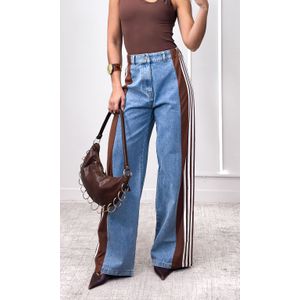 Calça Jeans Wide Leg Track - Azul/Marrom/Branco