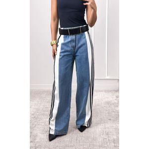 Calça Jeans Wide Leg Track - Azul/Branco/Preto