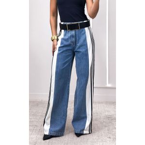 Calça Jeans Wide Leg Track - Azul/Branco/Preto