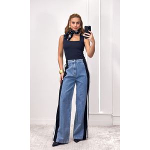 Calça Jeans Wide Leg Track - Azul/Preto/Branco