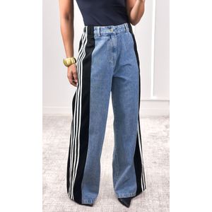 Calça Jeans Wide Leg Track - Azul/Preto/Branco