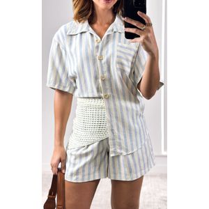 Conjunto Listrado Camisa Botões e Short - Bege/Azul