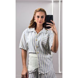 Conjunto Listrado Camisa Botões e Short - Bege/Azul