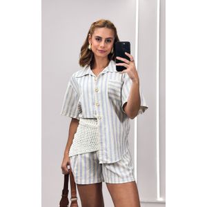 Conjunto Listrado Camisa Botões e Short - Bege/Azul