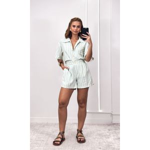 Conjunto Listrado Camisa Botões e Short - Bege/Verde Água