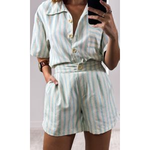 Conjunto Listrado Camisa Botões e Short - Bege/Verde Água