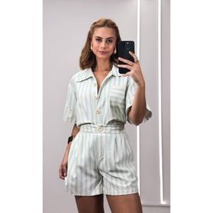 Conjunto Listrado Camisa Botões e Short - Bege/Verde Água