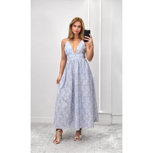 Vestido Godê Decote V Bordado Ramos - Azul Médio