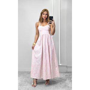 Vestido Godê Bordado Ramos - Rosa Claro
