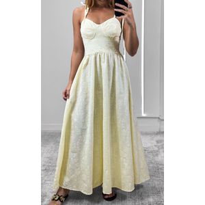 Vestido Godê Bordado Ramos - Amarelo Claro