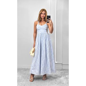 Vestido Godê Bordado Ramos - Azul Claro