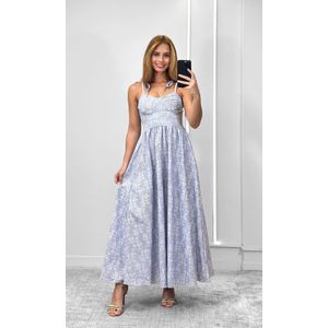 Vestido Godê Bordado Ramos - Azul Médio