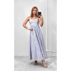 Vestido Godê Bordado Ramos - Azul Médio